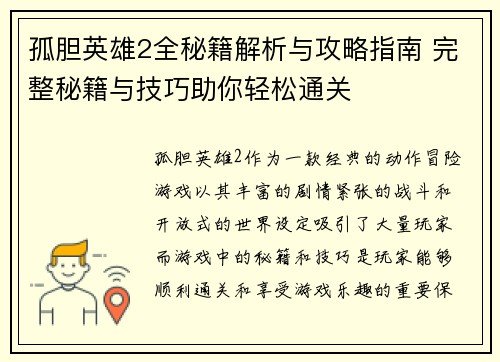 孤胆英雄2全秘籍解析与攻略指南 完整秘籍与技巧助你轻松通关