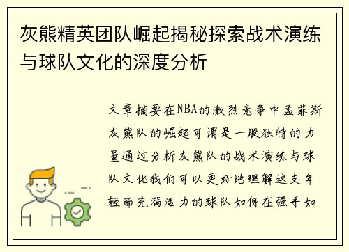 灰熊精英团队崛起揭秘探索战术演练与球队文化的深度分析